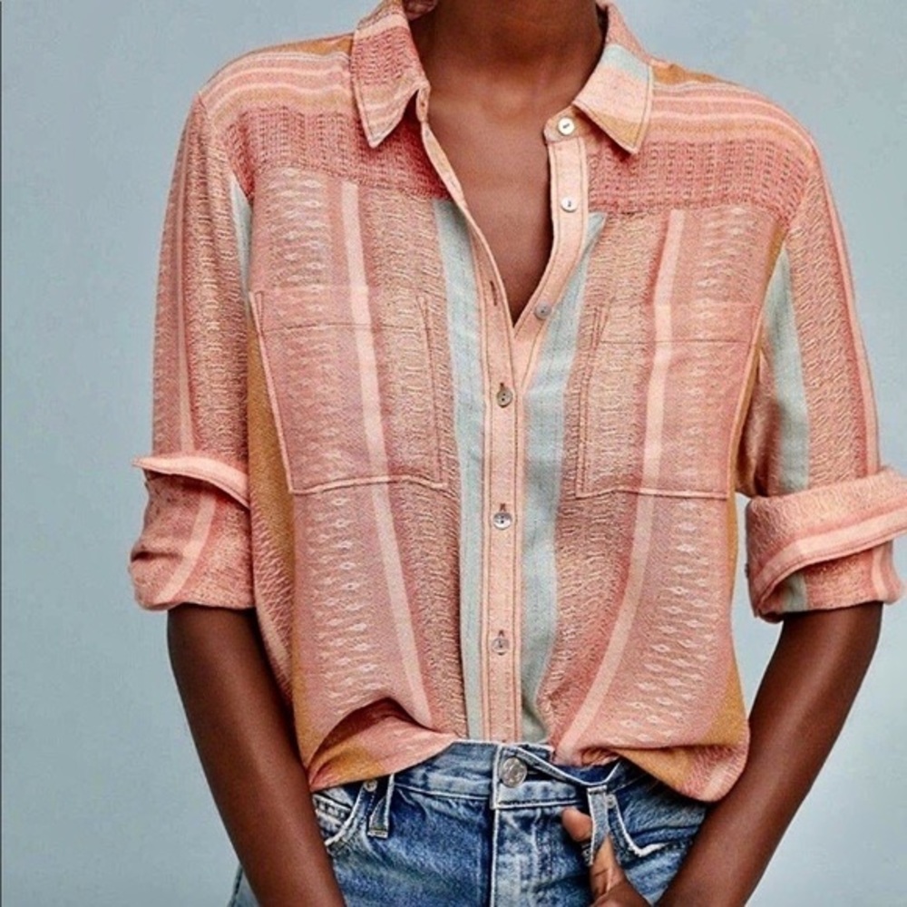 Anthropologie Coral Calipatria Button Up Metallic Top Shirt Long Sleeve